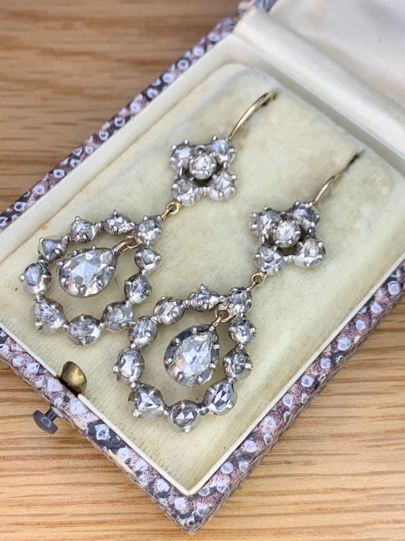Georgiska örhängen med 4 karat rosenslipade diamanter, cirka 1800-talet bild 3