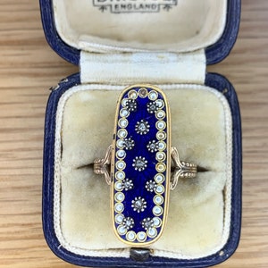 A Beautiful Georgian Royal Blue Enamel & Rose Cut Diamond Panel Ring Dated 1791