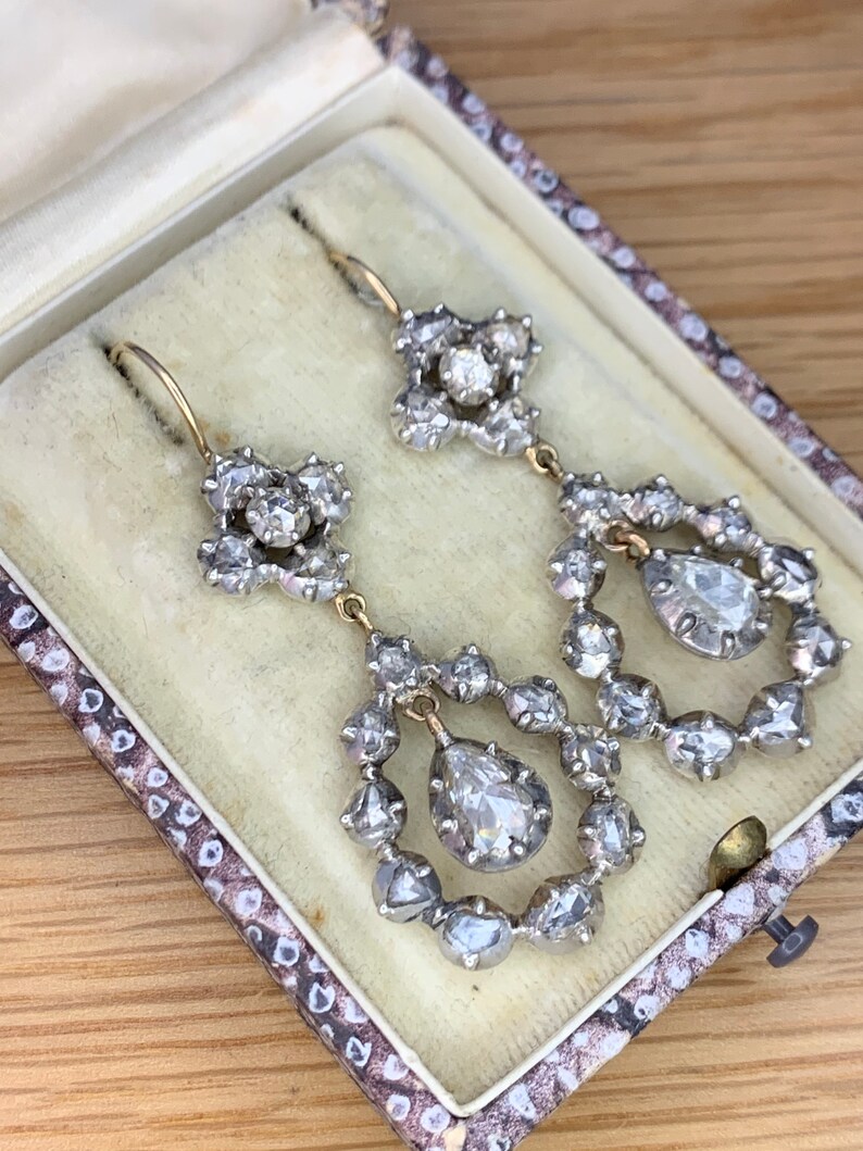 Georgiska örhängen med 4 karat rosenslipade diamanter, cirka 1800-talet bild 2