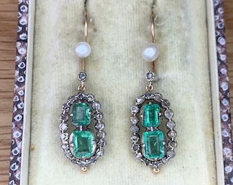 Georgian 3ct Emerald & Rose Cut Diamond Drop Earrings Circa 1800’