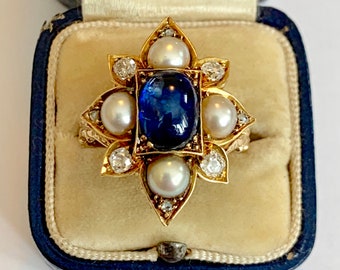 A Magnificent Cabochon Sapphire Old Cut Diamond & Pearl Ring Circa 1800’s