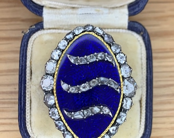 A Stunning Georgian Marquise Shaped 4ct Old Cut Diamond & Royal Blue Enamel Ring Circa 1770’s