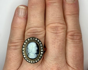 A Stunning Georgian 2ct Rose Cut Diamond & Hardstone Cameo Ring Of William Shakespeare Circa 1800’s