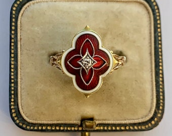 A Beautiful Red And White Enamel & Diamond Ring Circa 1800’s