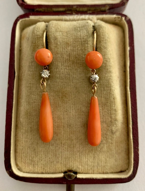 A Wonderful Pair Of Red Coral & Diamond Drop Earrings Circa 1800’s