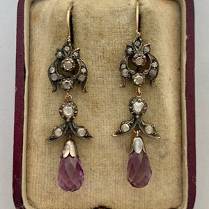 A Fabulous Pair Of Rose Cut Diamonds & Amethyst Drop Earrings Circa 1800’s