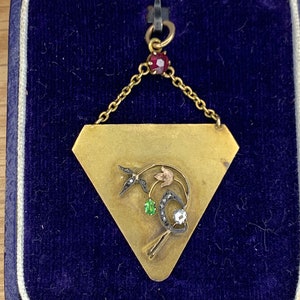 Op de afbeelding: Een gouden hanger met een driehoekige vorm en een bloemmotief met een groene edelsteen, een witte diamant en zwart email. De hanger is bevestigd aan een gouden ketting met een rode edelsteen aan de bovenkant.