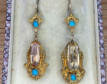 A Fabulous Pair Of Georgian 10ct Topaz & Turquoise Earrings Circa 1800’s