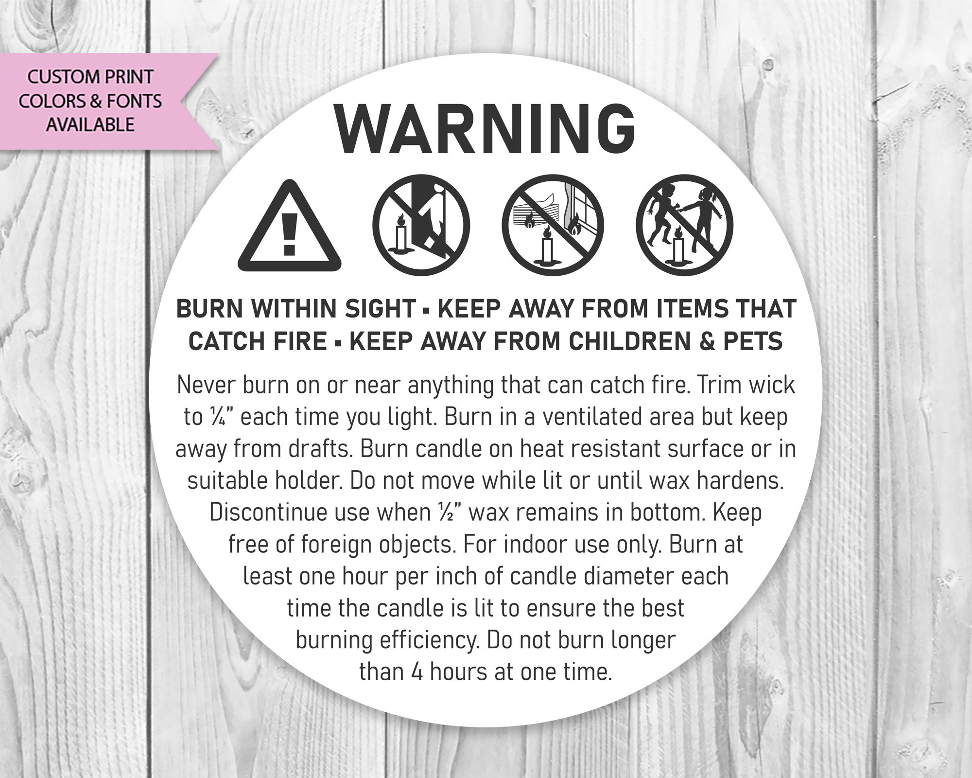 Candle Warning Burning Instruction Labels