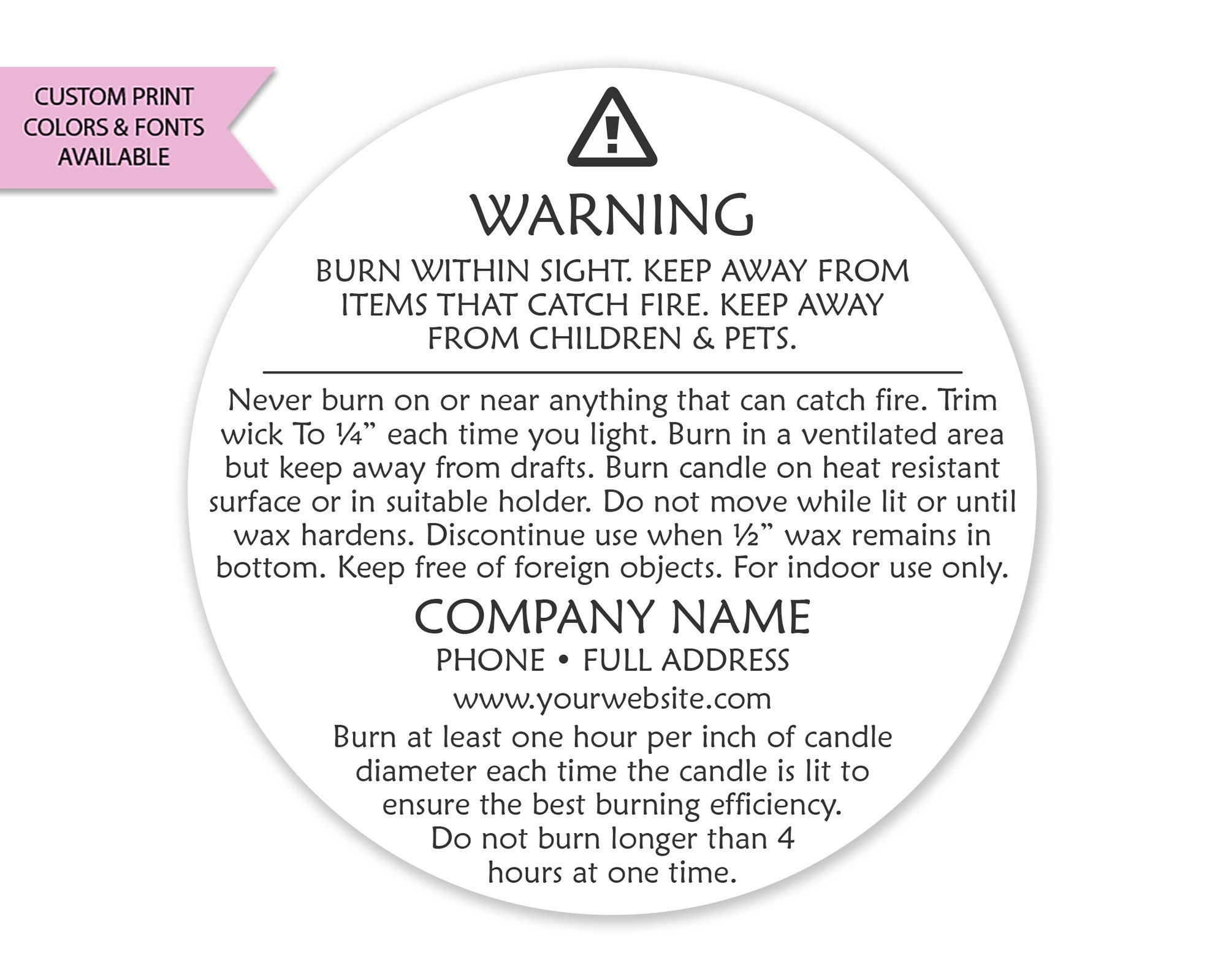 2-IN Round ~ BURNING CANDLE WARNING STICKERS LABELS CAUTION KIMMERIC