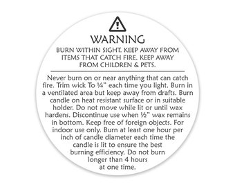 Generic CANDLE WARNING LABELS, Candle Warning Stickers, Burning Instructions, General Candle Warning Labels, Warning Stickers, Warning Label