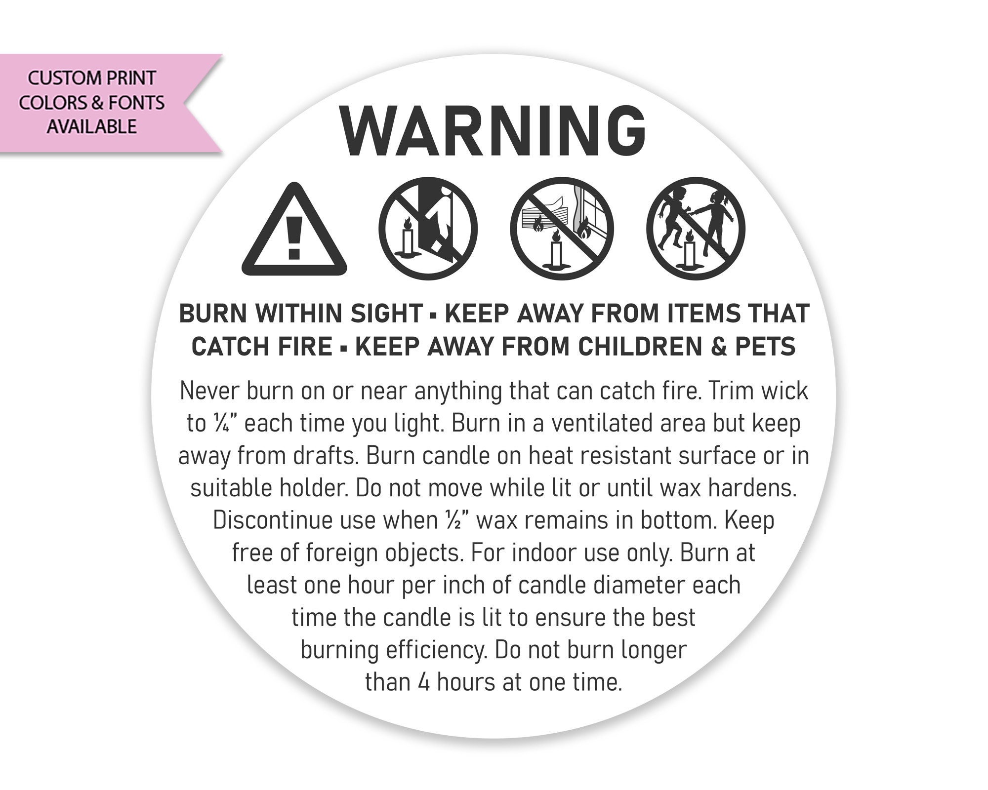 1.25 ASTM Compliant Candle Warning Labels 36 to 1000 Round