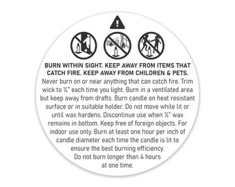 Generic CANDLE WARNING LABELS, Candle Warning Stickers, Burning Instructions, General Candle Warning Labels, Warning Stickers, Warning Label