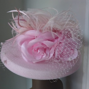 Pink Elegant Wide Brim Hat, Pink Roses, Easter, Russian Veil, Tea Party, Wedding, Church, Garden Wedding, Special Occasion.