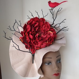 Beige and Red Derby Fascinator, Cardinal Bird, Peony, Kentucky Derby, Belmont Races, Ascot,