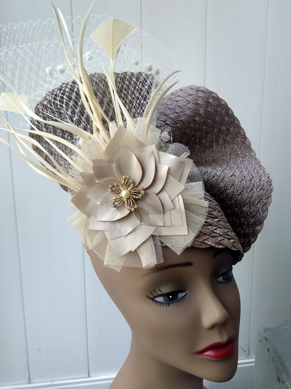 Beige and TAUPE Fascinator Hat Church 