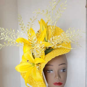 Yellow Lily Fascinator Hat, Kentucky, Derby, Wedding, Ascot, Tea Party.