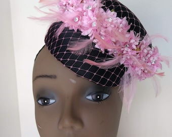 Double Crown Black and Pink Fascinator Hat, Cocktail, Special Occasion, Garden Wedding