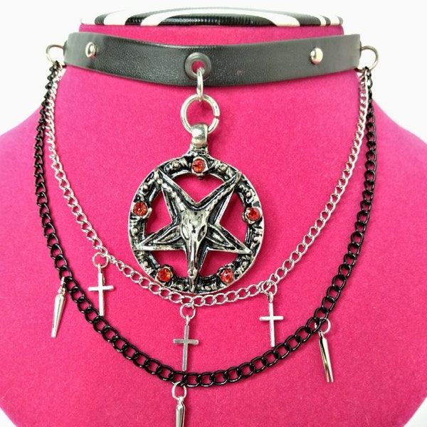 Gothic Choker with Baphomet Pendant, Red Crystals, and Triple Chains