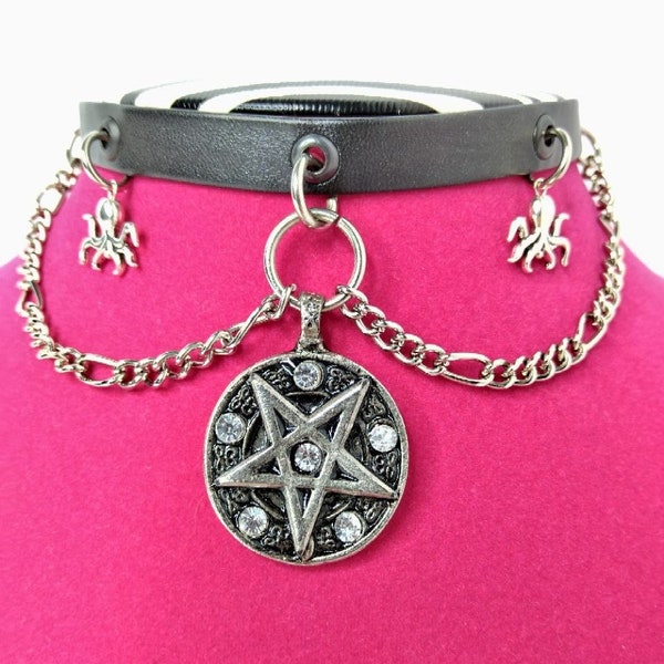 Pagan Pentagram Pendant with crystals on Gothic Choker with Chains, Punk Jewelry, Gothic Choker, Witch Accessories.