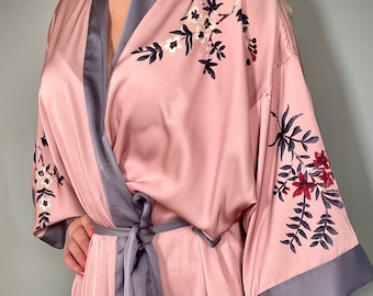 Kimono Robe, Bridal Gown, Oriental Robe, Dressing Gown, Vintage Style Robe, Boho Kimono, Bridesmaid Robe, Long Satin Robe, Plus Kimono Robe,