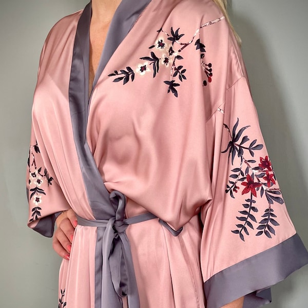Kimono Robe, Bridal Gown, Oriental Robe, Dressing Gown, Vintage Robe, Boho Kimono, Bridesmaid Robe, Long Satin Robe, Satin Kimono Robe, Pink
