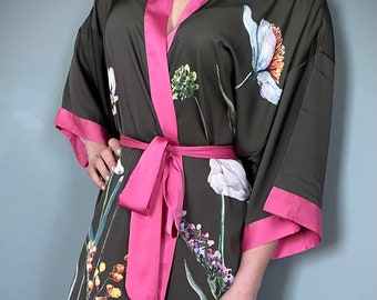 Kimono Robe, Bridal Gown, Oriental Robe, Dressing Gown, Vintage Robe, Boho Kimono, Bridesmaid Robe, Olive & Pink, Satin Kimono Robe