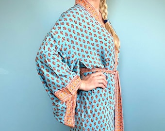 Kimono Robe, Dressing Gown, Bridesmaid Robe, Kimono, Teal Blue, Indian design, Cotton Dressing Gown, Dressing Gown Women,