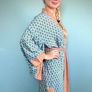 Kimono Robe, Dressing Gown, Bridesmaid Robe, Kimono, Teal Blue, Indian design, Cotton Dressing Gown, Dressing Gown Women,