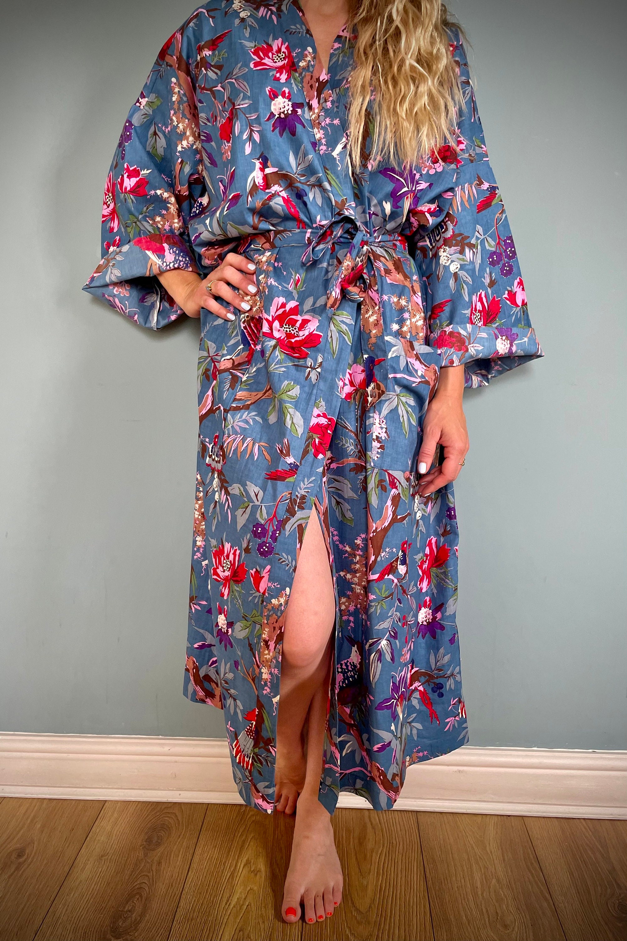 Full Length Cotton Kimono Dressing Gown Plum