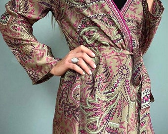 Kimono Robe, Olive & Pink,  Indian Silk, Dressing Gown, Vintage style