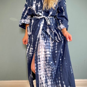 Kimono Robe, Boho Robe, Cotton Kimono Robe, Dressing Gown, Vintage style, Womens Gown, Gowns for Women,  Dark Blue, Tie Dye, Dressing Gown