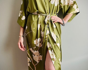 Kimono Robe, Long Dressing gown, Oriental Kimono, Dressing Gown, Vintage Robe, Boho Robe, Bridesmaid Robe, Green Magnolia, Plus Kimono Robe