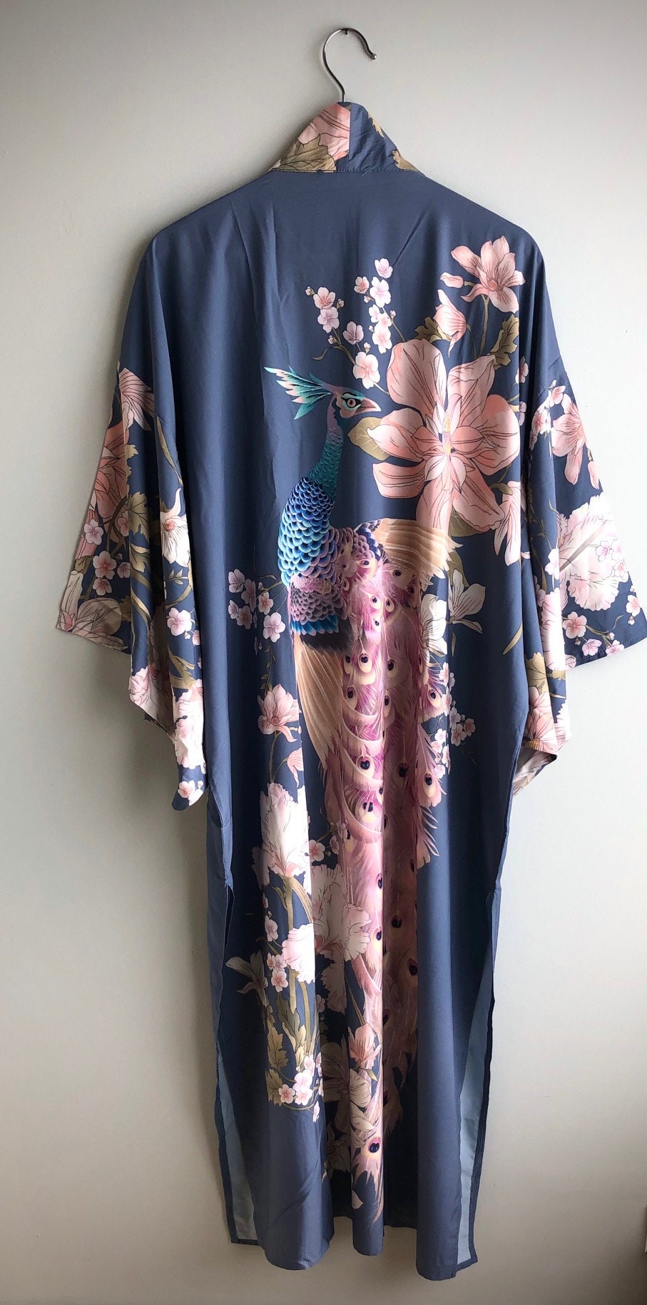 Image of Blue Kimono Robe, Dressing Gown, Vintage Style, Peacock Design