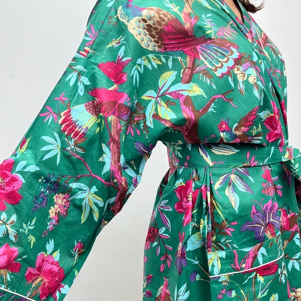 Kimono Robe, Cotton Dressing Gown, Handmade Cotton Robe, Bridesmaid Robe, Brides Robe, Green Kimono, Green Womens Dressing Gown, Birds