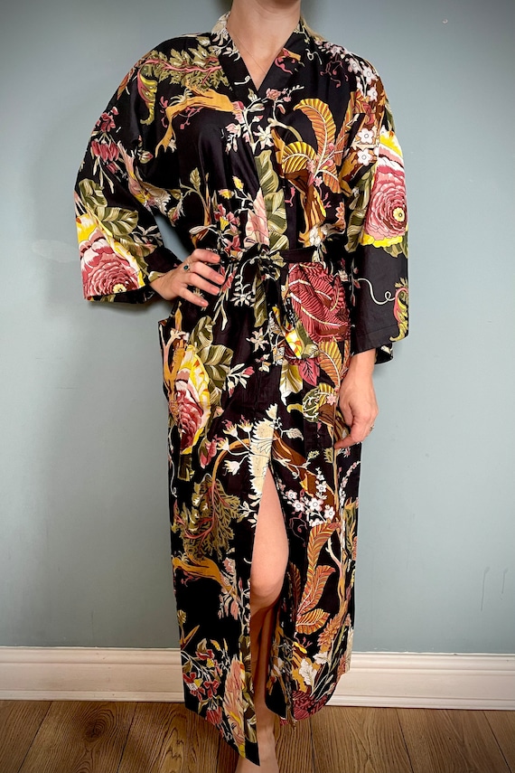 plus size dressing gown cotton Floral Cotton Kimono Robe: Boho Dressing Gown, Plus Size