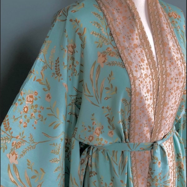 Peignoir kimono, robe de chambre vert menthe, style vintage, coton, cadeaux pour elle