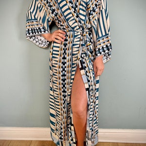 Cotton Kimono Robe, Dressing Gown, Vintage style, women’s gown, Gifts for Her, Loungewear, Aztec Blue, Christmas Gifts for Her