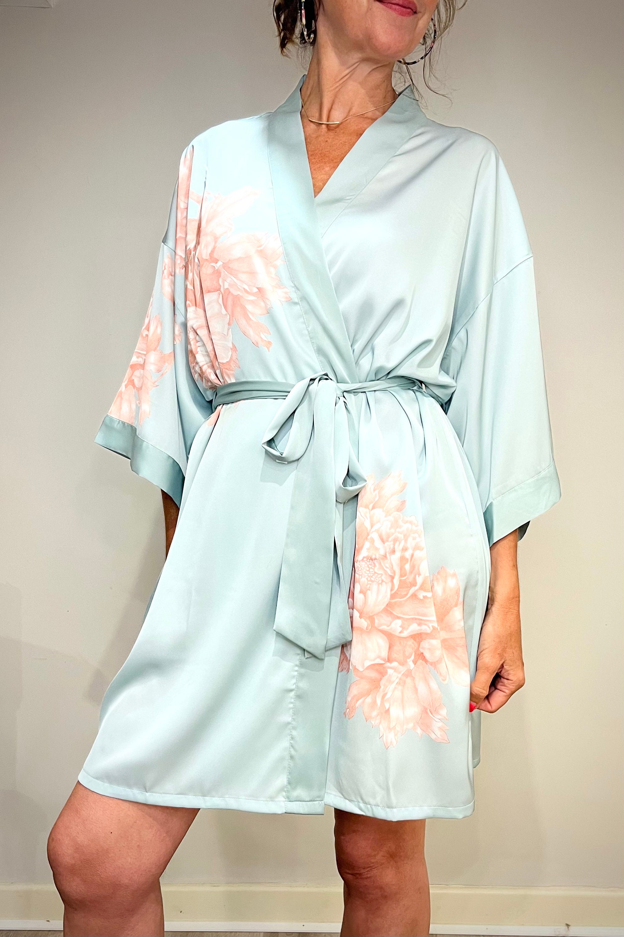 Kimono Robe, Short Kimono Gown, Kimono, Dressing Gown, Vintage Style, Boho, Bridesmaid Robes, Light Blue, Plus Kimono Robe, Knee length Robe