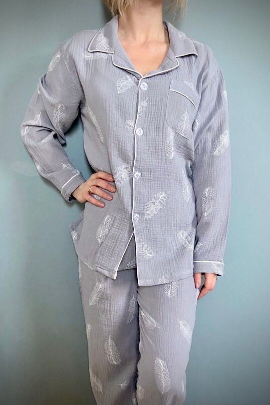 Womens Pyjama Set Grey Feathers Gifts for Her Night Wear | Etsy