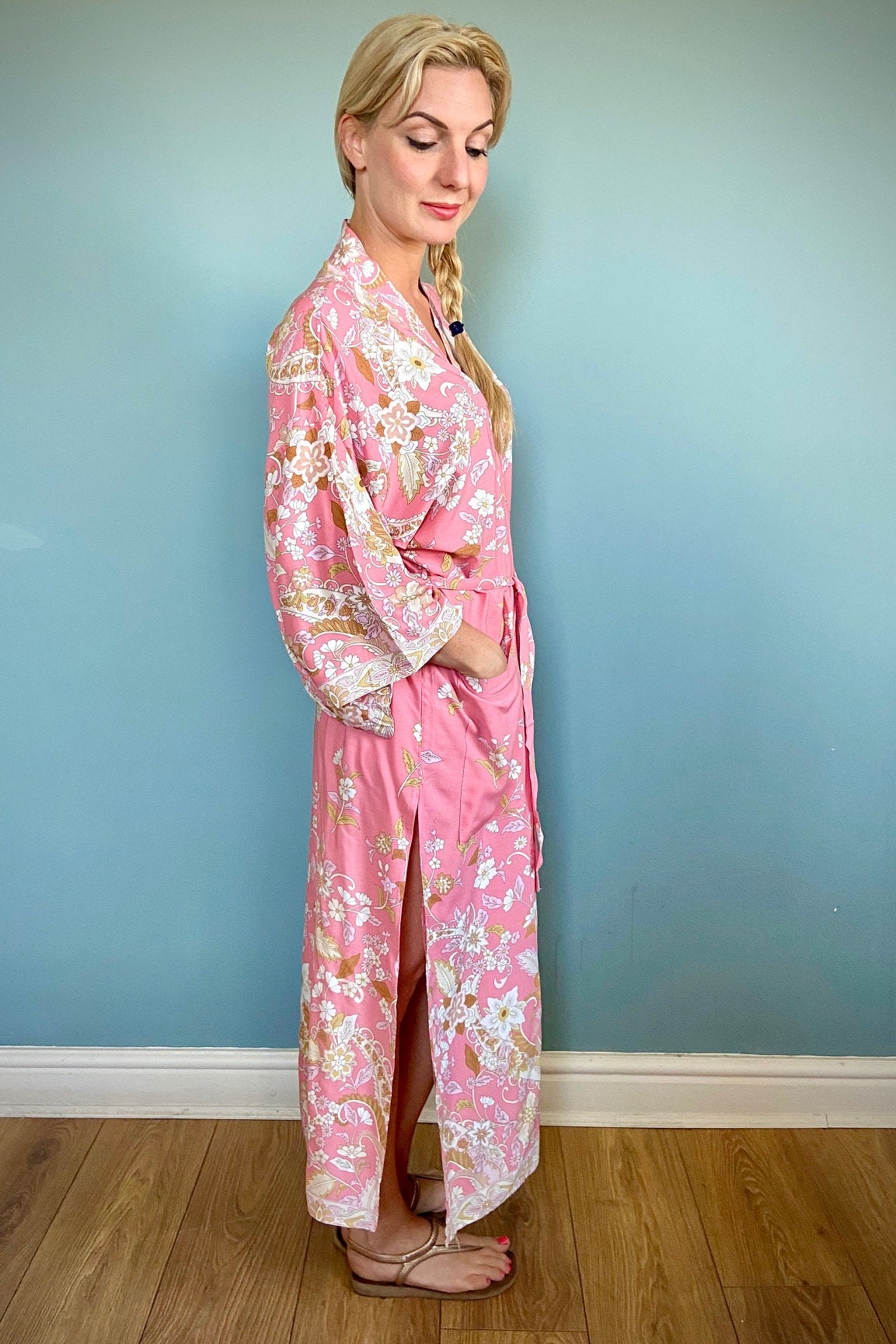 Pink Kimono Robe Dressing Gown Vintage style Floral Print Etsy