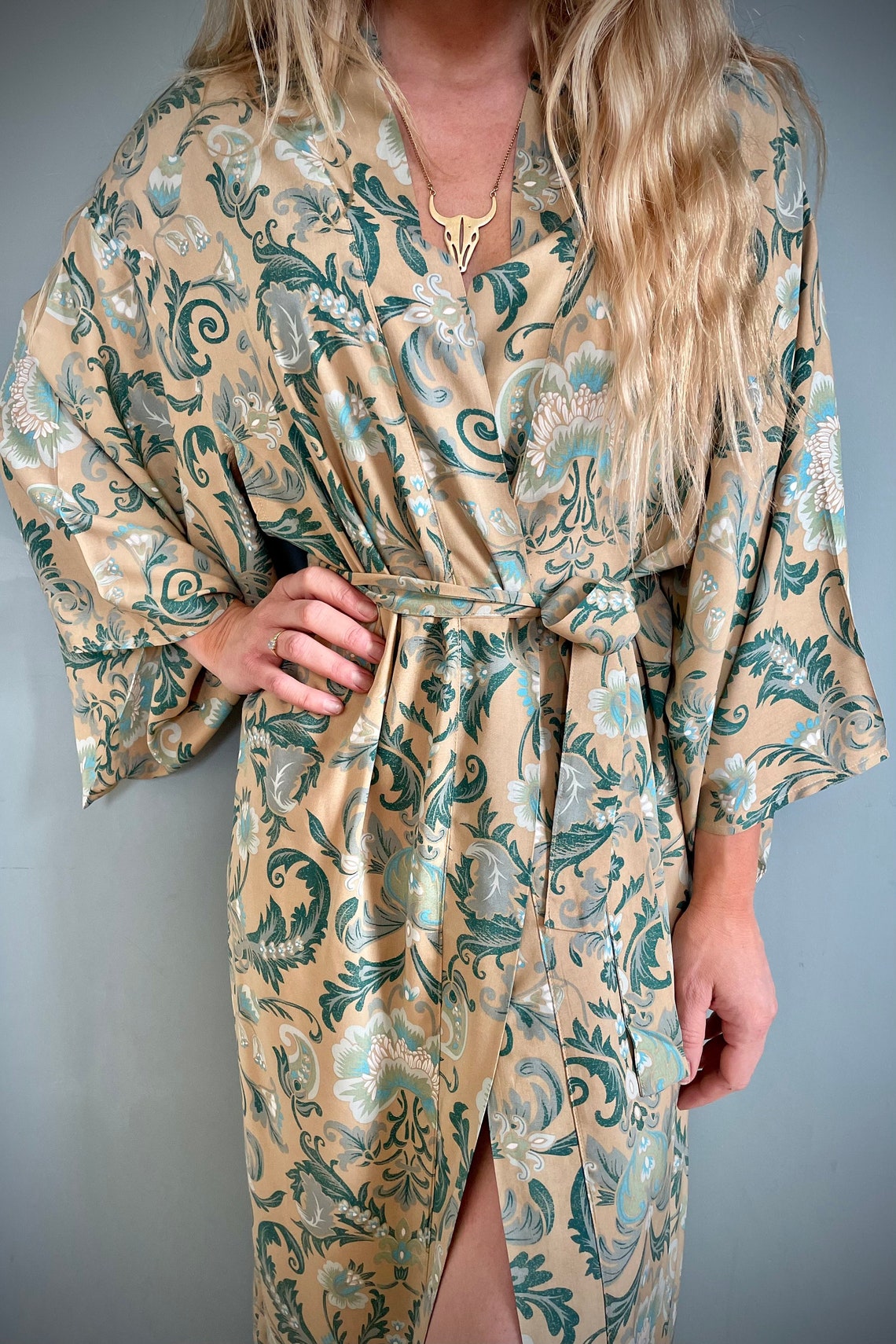 Kimono Robe Sage Green Dressing Gown Vintage style cotton Etsy