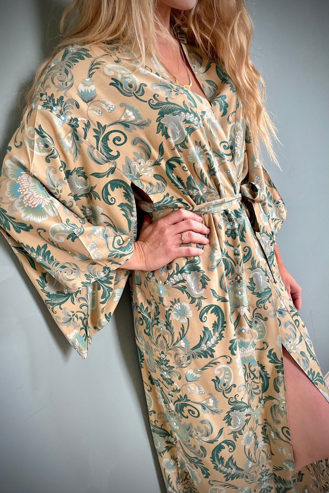 Kimono Robe Sage Green Dressing Gown Vintage style cotton Etsy