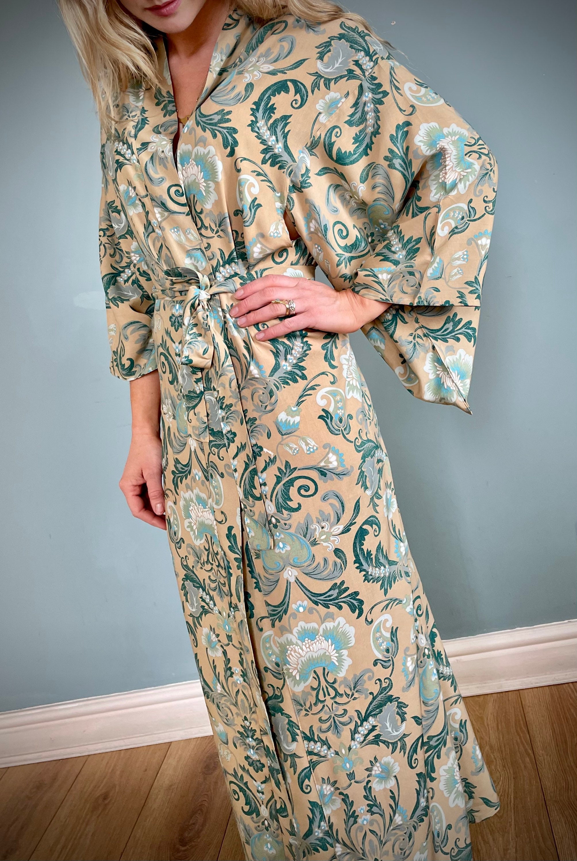 Kimono Robe Sage Green Dressing Gown Vintage style cotton Etsy