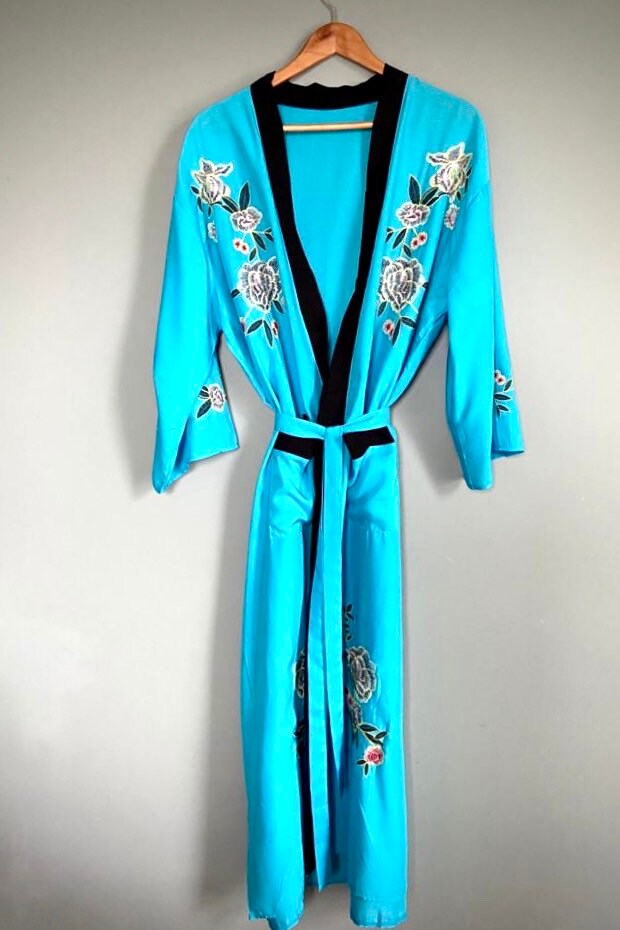 Kimono Robe Dressing Gown Vintage style Cyan Blue | Etsy