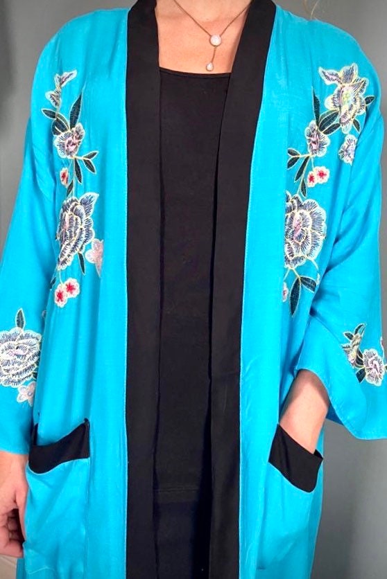 Kimono Robe Dressing Gown Vintage style Cyan Blue | Etsy