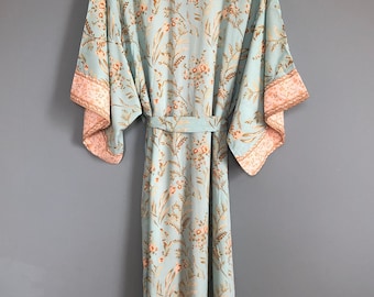 Kimono Robe, Mint green Dressing Gown, Vintage style, cotton, Unique Gift