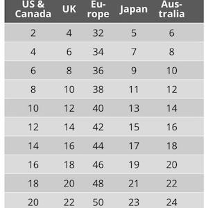 May include: A chart showing size conversions for clothing in the US & Canada, UK, Europe, Japan, and Australia. The chart shows the corresponding sizes for each country, starting with size 2 in the US & Canada and going up to size 20.