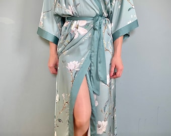 Kimono Robe, Bridal Gown, Luxury Satin Robe, Dressing Gown, Vintage Style, Boho,  Bridesmaid Robes,  Green Magnolias, Satin Kimono Robe