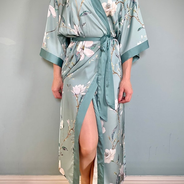 Robe kimono, robe de mariée, peignoir en satin de luxe, robe de chambre, style vintage, bohème, robes de demoiselle d'honneur, magnolias verts, robe kimono en satin